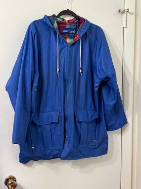 Y2K Prides Landing Gorpcore Hooded Plaid Fleece Lined PVC Slicker Womens L Blue